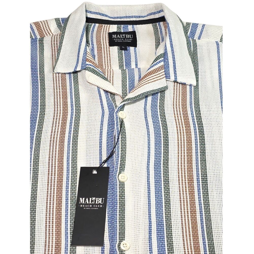 Malibu Beach Club Shirt Men's L NWT Striped Camp Collar Textured Resort White